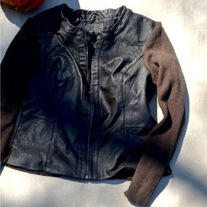 Jaclyn Smith Black Leather Jacket with Brown Knit Sleeves